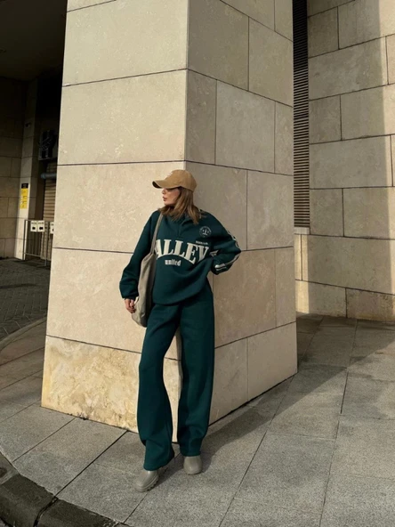 Üç İplik Yakalı Sweat Baggy Pantalonlu Takım - Yeşil - Resim 4