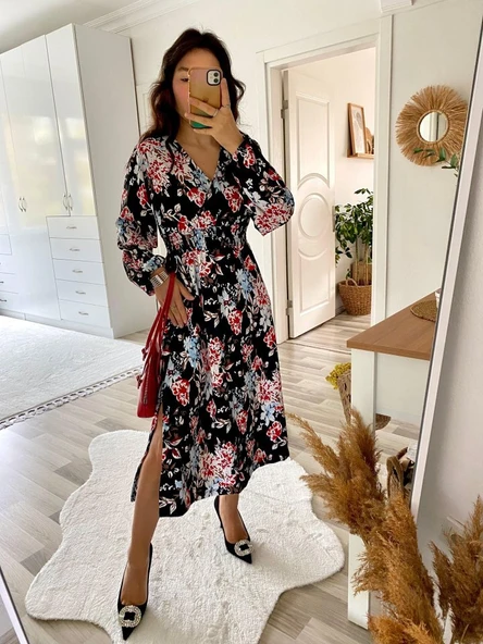 Kadın Uzun Kollu Kruvaze Yaka Beli Lastikli Yandan Yırtmaçlı Desenli Dalgıç Elbise - Resim 12