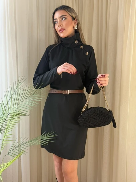 Kadın Uzun Kollu Balıkçı Yaka Düğme Detaylı Kısa şardonlu Dalgıç Elbise - Resim 3