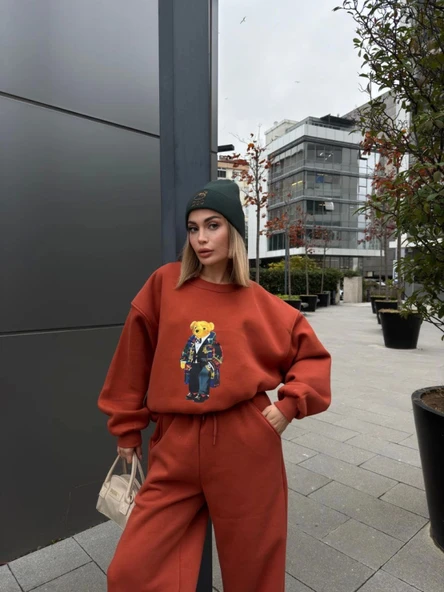 Bisiklet Yaka Üç İplik Sweat Takım - Kiremit ürün görseli