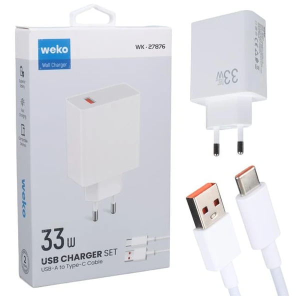 Weko WK-27876 M11 Beyaz 33 Watt Turbo Usb Şarj Başlık Adaptörü + Type-C Kablo ürün görseli