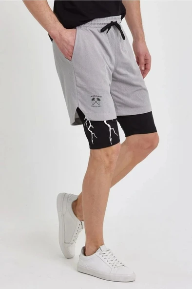 Unisex Baskılı İç Cepli Sporcu Alt Taytlı Şort - Gri - 1