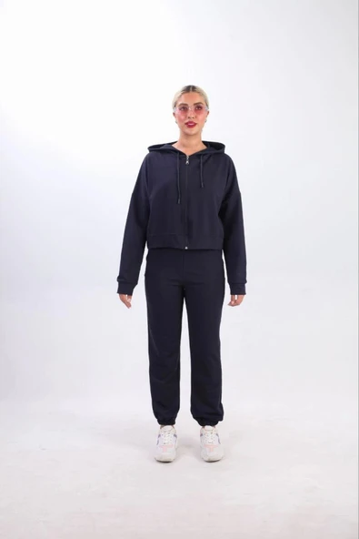 Iki Iplik Kapüşonlu Fermuarlı Crop Oversize Hırka Takım- Lacivert - 2