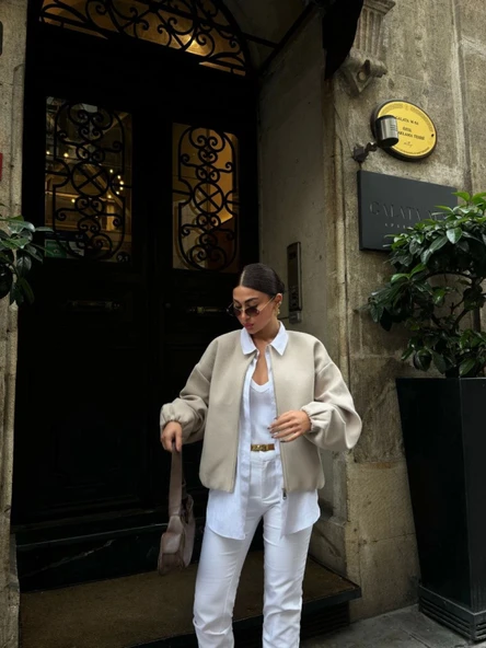 Kaşe Kaşmir Fermuarlı CEKET - Bej - 3