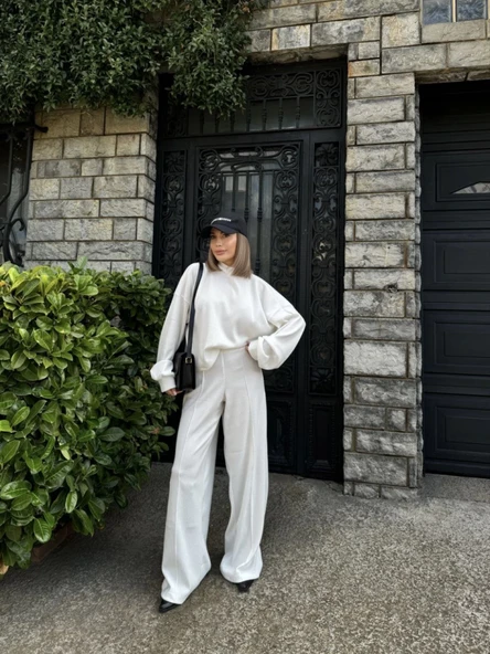 Crop, Pantolon Fitilli İkili Takım -Beyaz - Resim 7