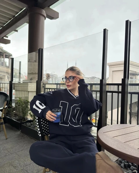 V Yaka Üç İplik Sweat Takım - Siyah - Resim 2