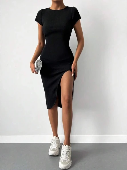 Kadın Kısa Kollu Bisiklet Yaka Derin Yırtmaçlı Kaşkorse Elbise - Resim 3