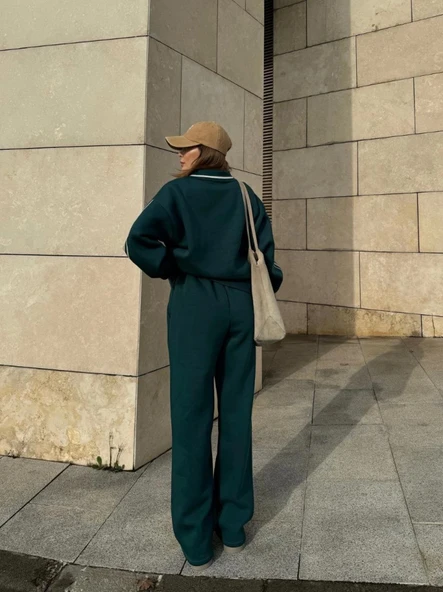 Üç İplik Yakalı Sweat Baggy Pantalonlu Takım - Yeşil - Resim 3