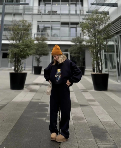 Bisiklet Yaka Üç İplik Sweat Takım - Siyah - Resim 4