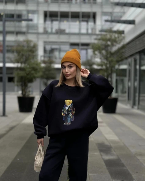 Bisiklet Yaka Üç İplik Sweat Takım - Siyah ürün görseli