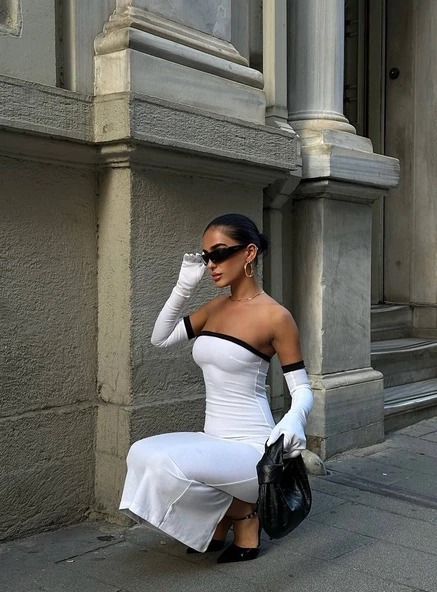 Kadın Dalgıç Kumaş Askısız Yırtmaç Detaylı Elbise - Resim 4