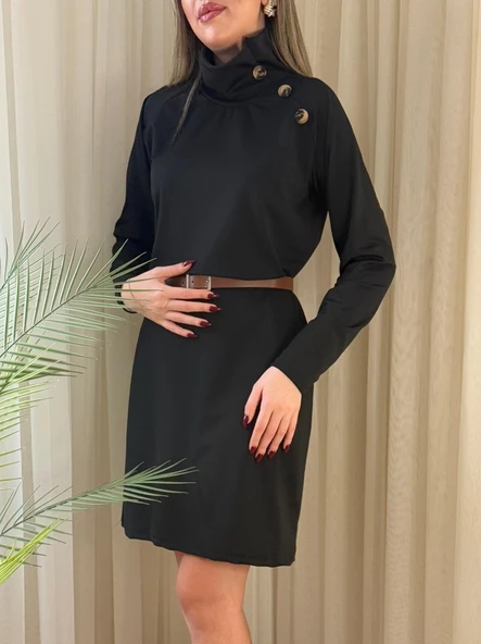 Kadın Uzun Kollu Balıkçı Yaka Düğme Detaylı Kısa şardonlu Dalgıç Elbise - Resim 2