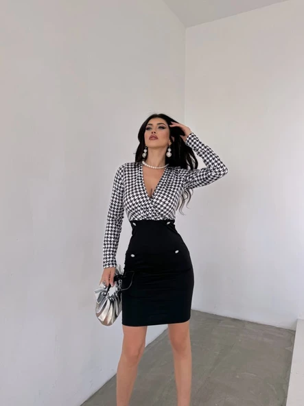 Kadın Uzun Kollu Kruvaze Yaka üst Kazayağı Desen Düğme Detaylı Dalgıç Elbise - Resim 8