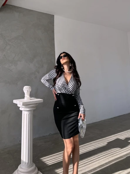 Kadın Uzun Kollu Kruvaze Yaka üst Kazayağı Desen Düğme Detaylı Dalgıç Elbise - Resim 7