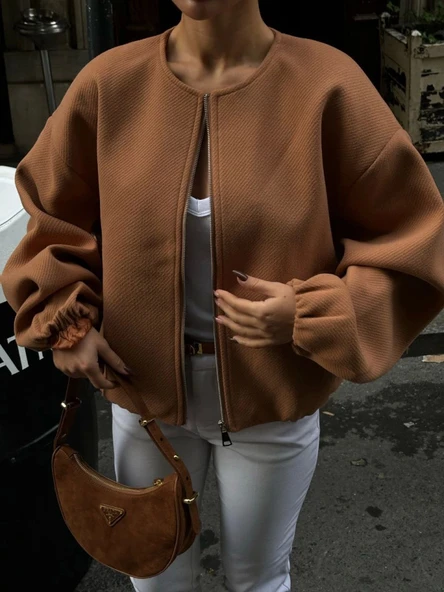 Kaşe Kaşmir Fermuarlı CEKET - Kahve - 2