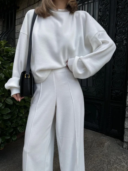Crop, Pantolon Fitilli İkili Takım -Beyaz - Resim 5
