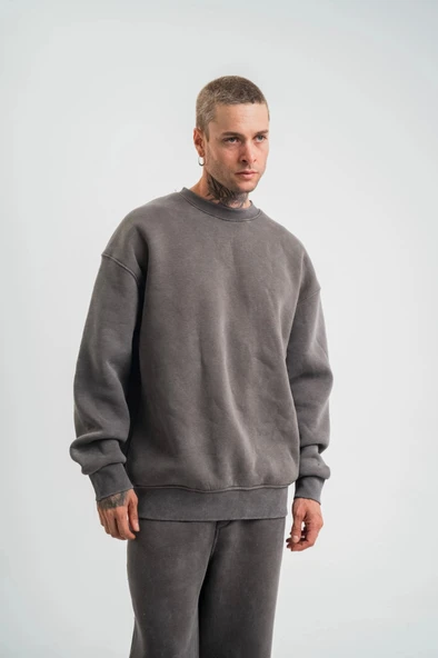Unisex Uzun Kol Bisiklet Yaka Yıkamalı SweatShirt - Füme - 3