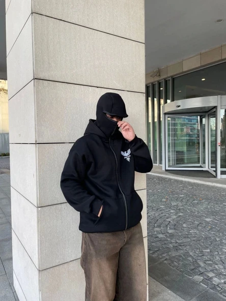 Samuray Kapşonlu ZIP Fermuarlı Kapşonlu SweatShirt - Siyah - 4