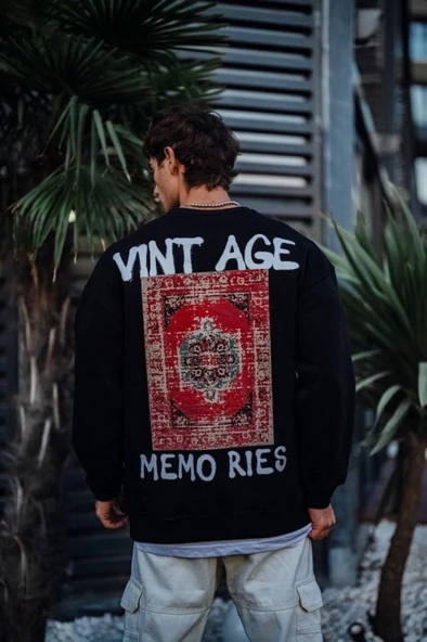 Oversize Bisiklet Yaka Üç İplik Baskılı SweatShirt - Siyah - 1