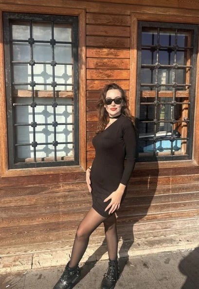 Kadın Uzun Kollu Tek Omuz Ve Kol Açık Detay Viskon Mini Boy Elbise - Resim 2