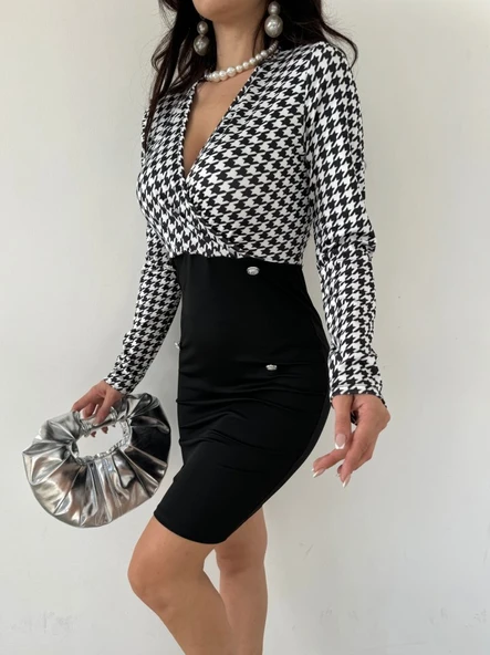 Kadın Uzun Kollu Kruvaze Yaka üst Kazayağı Desen Düğme Detaylı Dalgıç Elbise - Resim 4