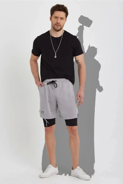 Unisex Baskılı İç Cepli Sporcu Alt Taytlı Şort - Gri - 2