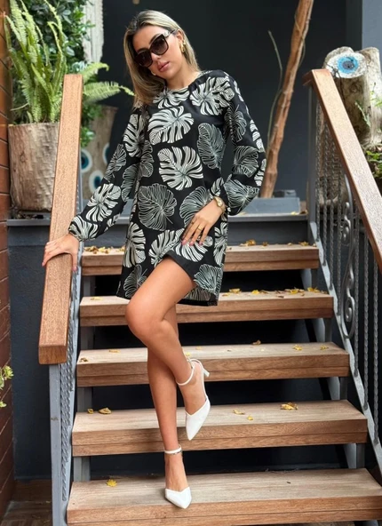 Kadın Uzun Kollu Bisiklet Yaka Desenli Kısa Krep Elbise - Resim 4