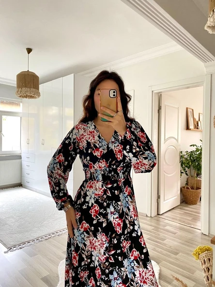 Kadın Uzun Kollu Kruvaze Yaka Beli Lastikli Yandan Yırtmaçlı Desenli Dalgıç Elbise - Resim 2