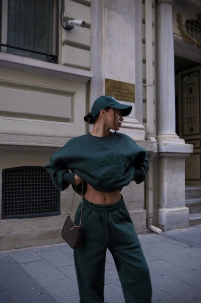 Bisiklet Yaka Nakış İşlemeli Üç İplik Sweat Takım - Yeşil - Resim 3