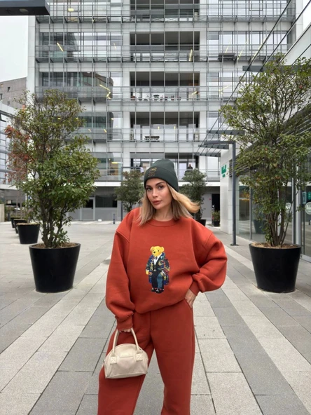 Bisiklet Yaka Üç İplik Sweat Takım - Kiremit - Resim 4