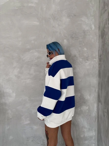 Unisex Üç İplik Parçalı Yakalı SweatShirt - Mavi - Resim 4