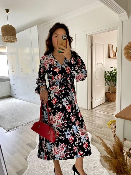 Kadın Uzun Kollu Kruvaze Yaka Beli Lastikli Yandan Yırtmaçlı Desenli Dalgıç Elbise - Resim 7