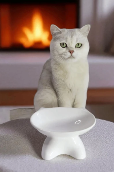 Özel Tasarım Lüks Seramik Kedi Mama Kabı Beyaz ürün görseli