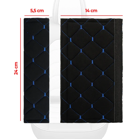 Mavi Baklava Desenli Yumuşak Siyah Kumaş Emniyet Kemer Kılıfı Çift Takım KMMD-01 - 4