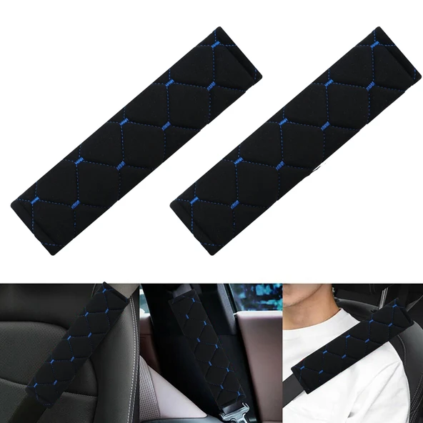 Mavi Baklava Desenli Yumuşak Siyah Kumaş Emniyet Kemer Kılıfı Çift Takım KMMD-01 - 2