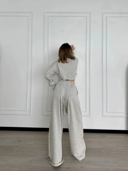 Uzun Kollu Önü İp Büzgülü  Crop Ve Pantolon İkili Takım - Gri - Resim 3