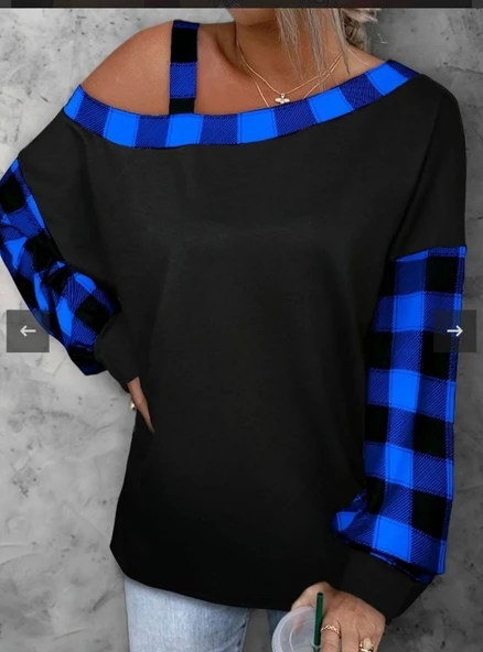 Kadın Kayık Yaka Asimetrik Kesim Ekose Detay Tunik - Resim 2