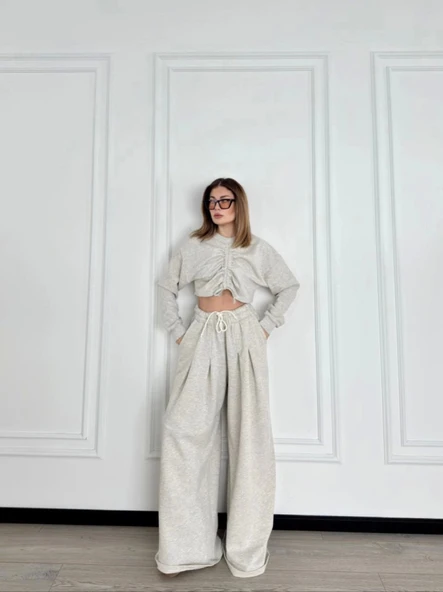 Uzun Kollu Önü İp Büzgülü  Crop Ve Pantolon İkili Takım - Gri ürün görseli