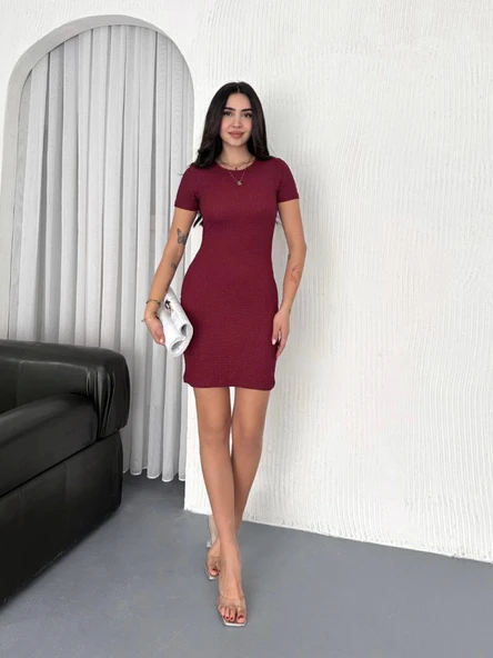 Bisiklet Yaka Kısa Kol Likralı Elbise - Bordo - Resim 2