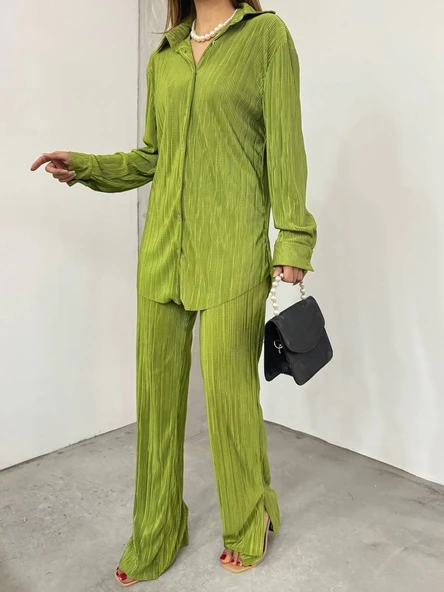 Bayrama Özel Kadın Düşük Omuz Salaş Gömlek Ve Yırtmaç Detay İspanyol Paça Pantolon - Resim 2