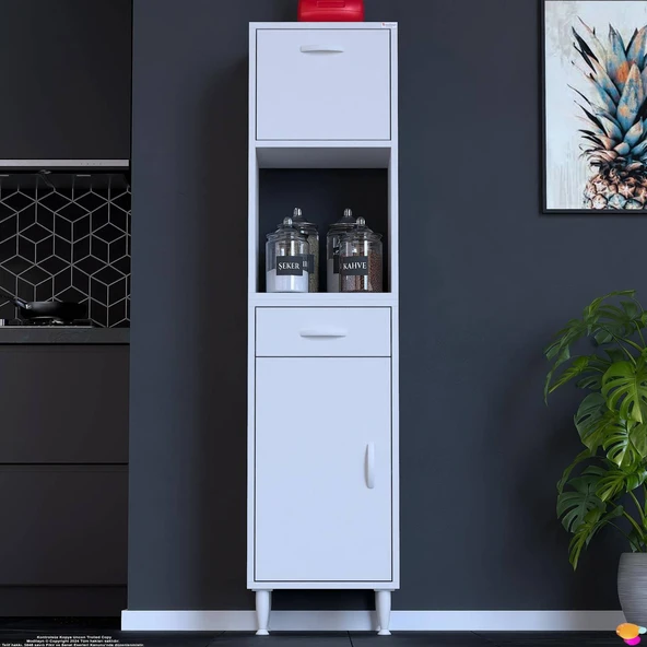 Modilayn VİO Çok Amaçlı Dolap: (40x163.4x32,5 cm) ölçülerinde, çekmeceli ve kapaklı mutfak dolabı.