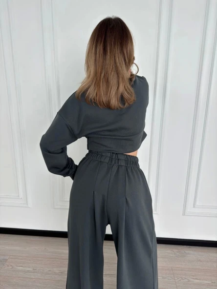 Uzun Kollu Önü İp Büzgülü Crop Ve Pantolon İkili Takım - Antrasit - Resim 3