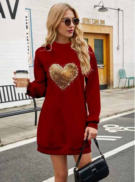 Kadın Uzun Kollu Bisiklet Yaka Kalp Desenli Viskon Iki Iplik Bluz - Resim 3