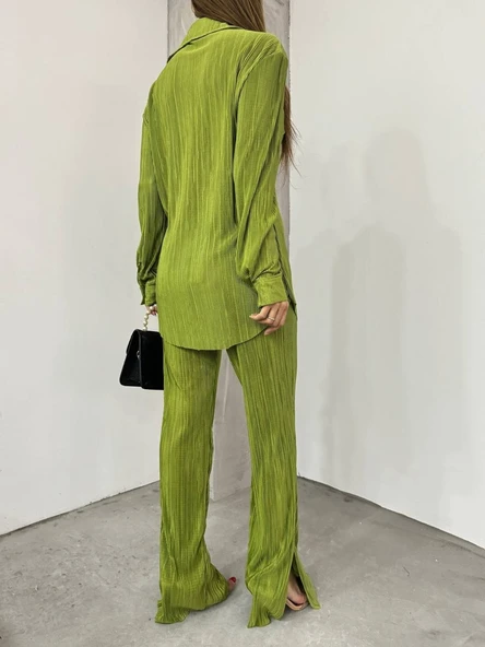 Bayrama Özel Kadın Düşük Omuz Salaş Gömlek Ve Yırtmaç Detay İspanyol Paça Pantolon - Resim 5