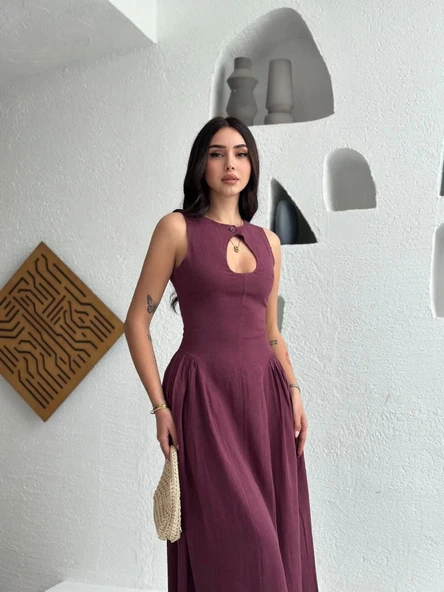 Kolsuz Uzun Kabardin Elbise - Bordo - Resim 3