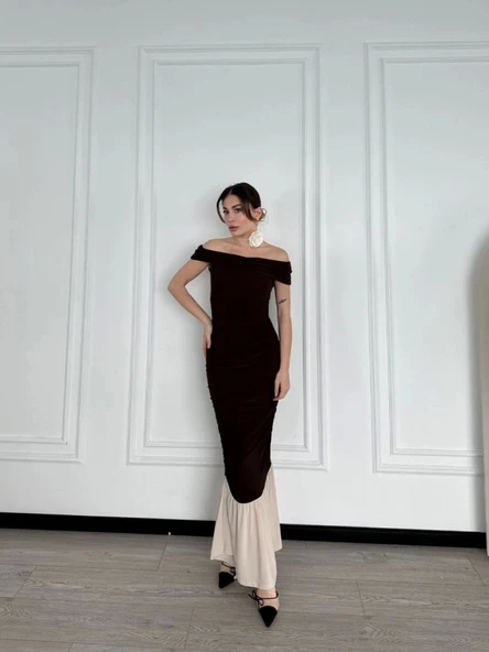 Striptiz Omuzlu Uzun Elbise- Kahve ürün görseli