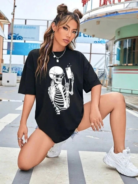 Baskılı T-shirt - Siyah - Resim 4