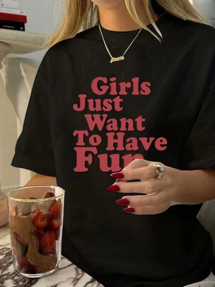 Baskılı Oversize T-shirt - Siyah - 1