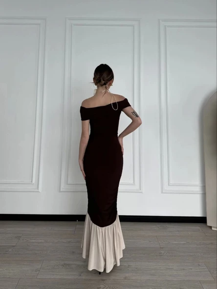 Striptiz Omuzlu Uzun Elbise- Kahve - Resim 2