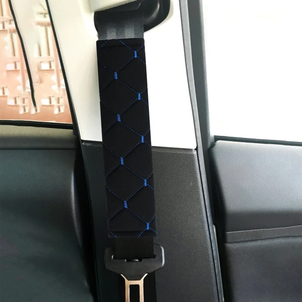 Mavi Baklava Desenli Yumuşak Siyah Kumaş Emniyet Kemer Kılıfı Çift Takım KMMD-01 - 6